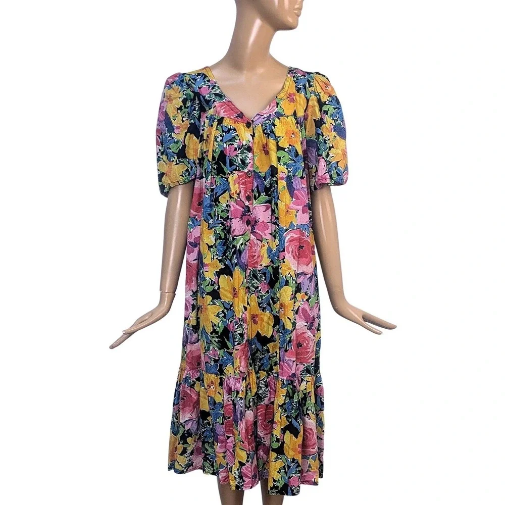 Vintage Star of India 70s Bright Multicolor Floral Cotton Dress Puff‎ Sleeve Sml